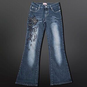 Y2K Embroidered Butterfly Jeans Bootcut Mid Rise Size 7 Fairy Boho Festival